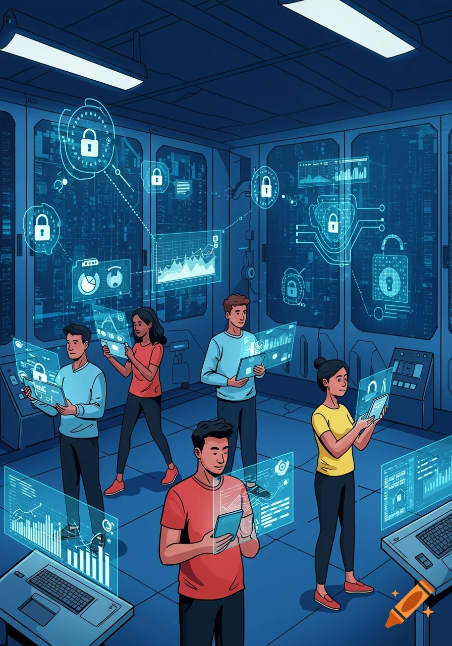 Comic book illustration of diverse people interacting with holographic data screens showing charts and security padlocks in a blue tech room.