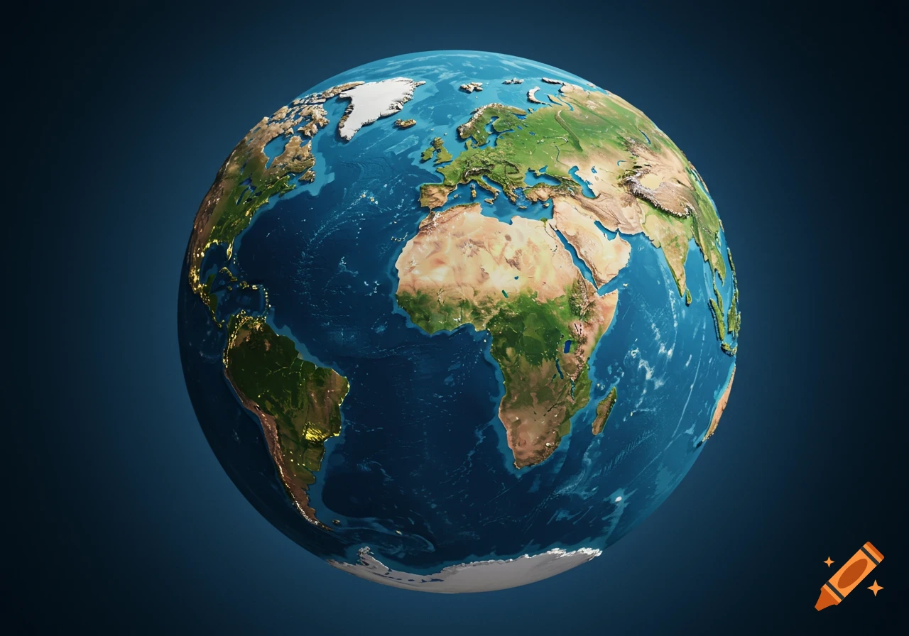 A detailed 3D rendering of planet Earth, showing continents, oceans, and city lights on the nocturnal side, against a dark blue background.