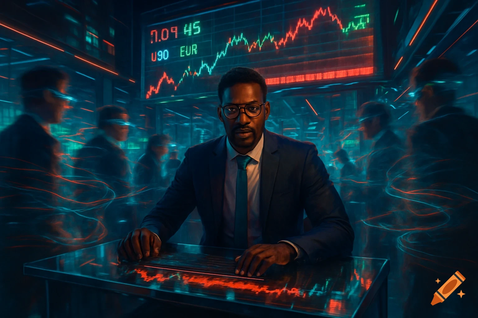 A photorealistic image of a man in a suit at a glowing table, with a large screen displaying stock charts and numbers in a futuristic trading room.