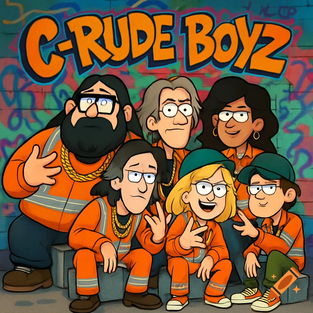 Cartoon hip-hop crew in orange workwear with gold chains, sitting in front of a graffiti wall with 'C-RUDE BOYZ' written on it.