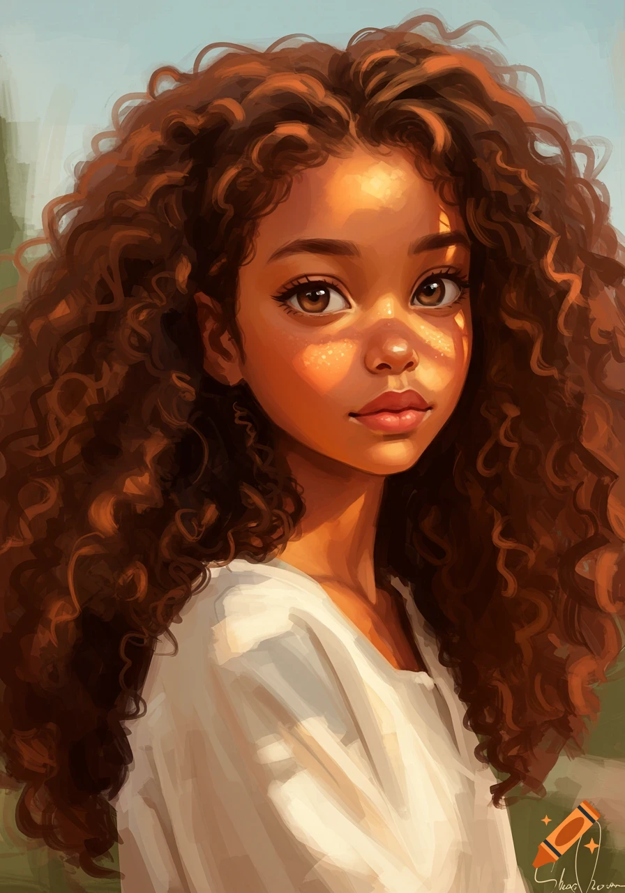 Digital art portrait of a young girl with long curly brown hair, sun-dappled face, and brown eyes.