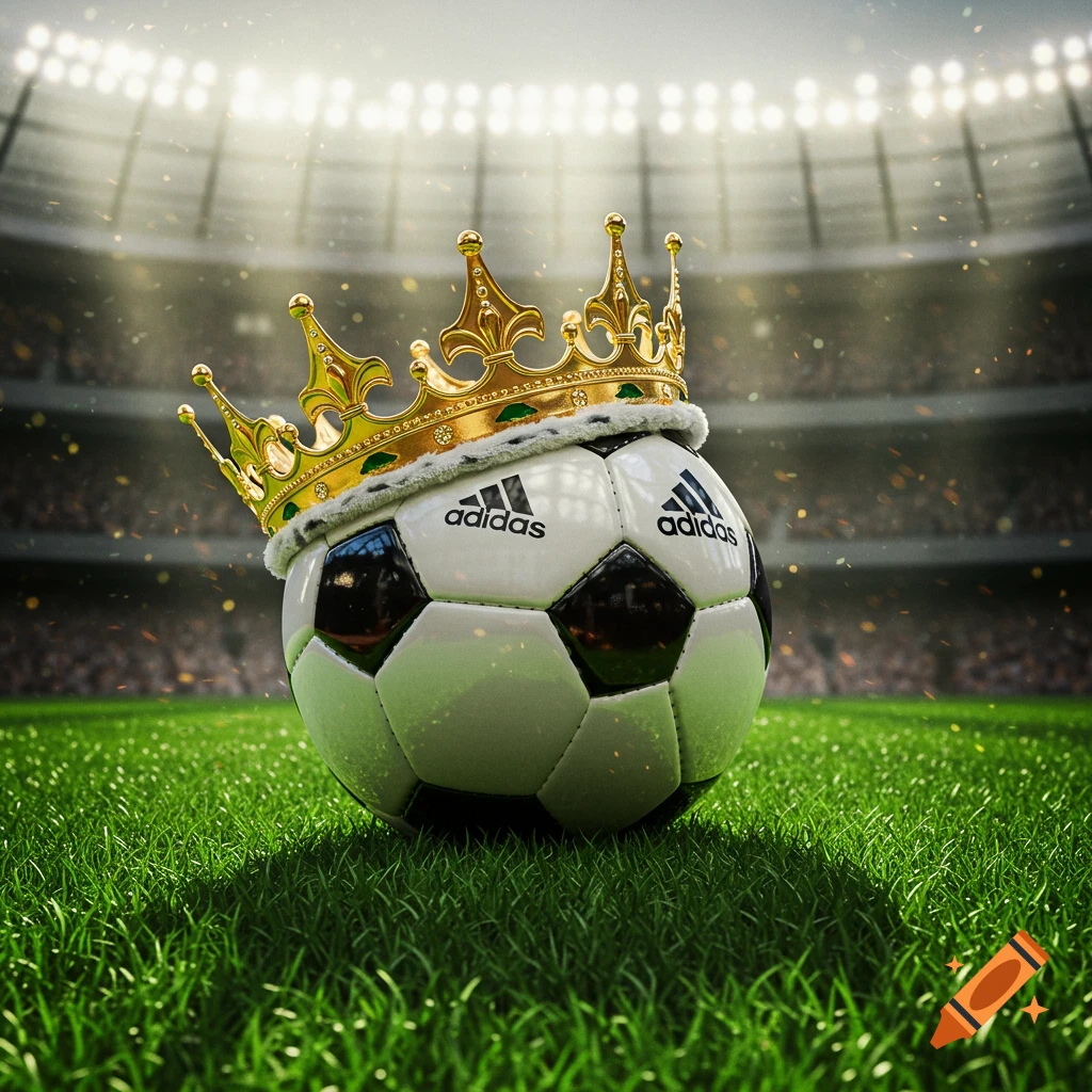 A soccer ball wearing a golden crown rests on a green grass field in a stadium under bright lights, photorealistic style.