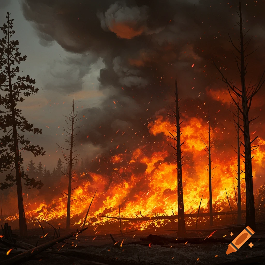 A large forest fire rages through a dark forest, with massive flames, thick smoke, and embers filling the air. Photorealistic style.