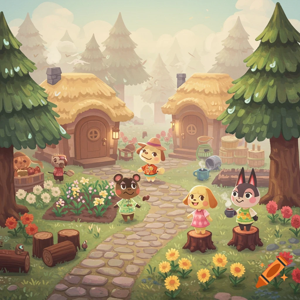 Cartoon animal villagers in an Animal Crossing-style village with thatched houses, a path, flowers, and a foggy forest background.