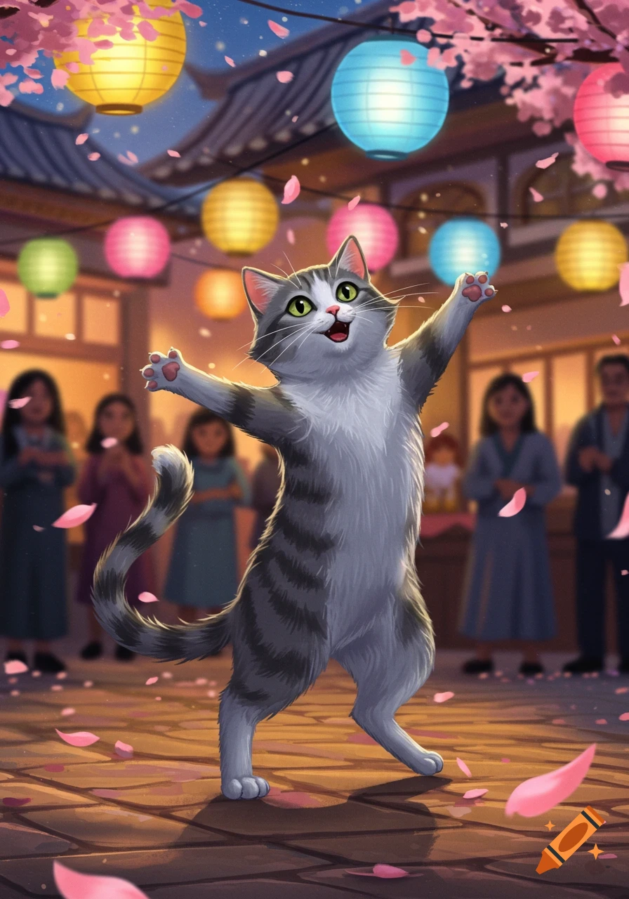 A cheerful tabby cat dances on its hind legs amidst falling cherry blossoms and colorful lanterns at a night festival, illustration.