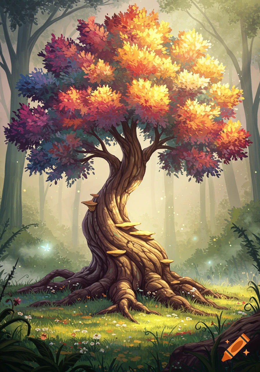 Vibrant, whimsical tree with glowing, multicolored leaves in a sunlit, magical forest clearing, illustrative style.