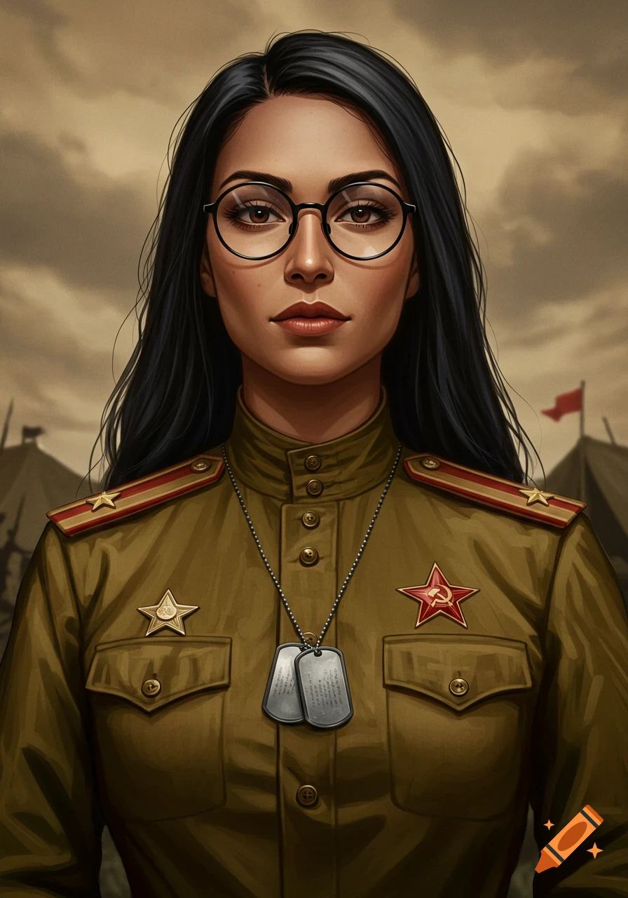 Portrait of a woman with long black hair and glasses wearing a Soviet army uniform and dog tags.