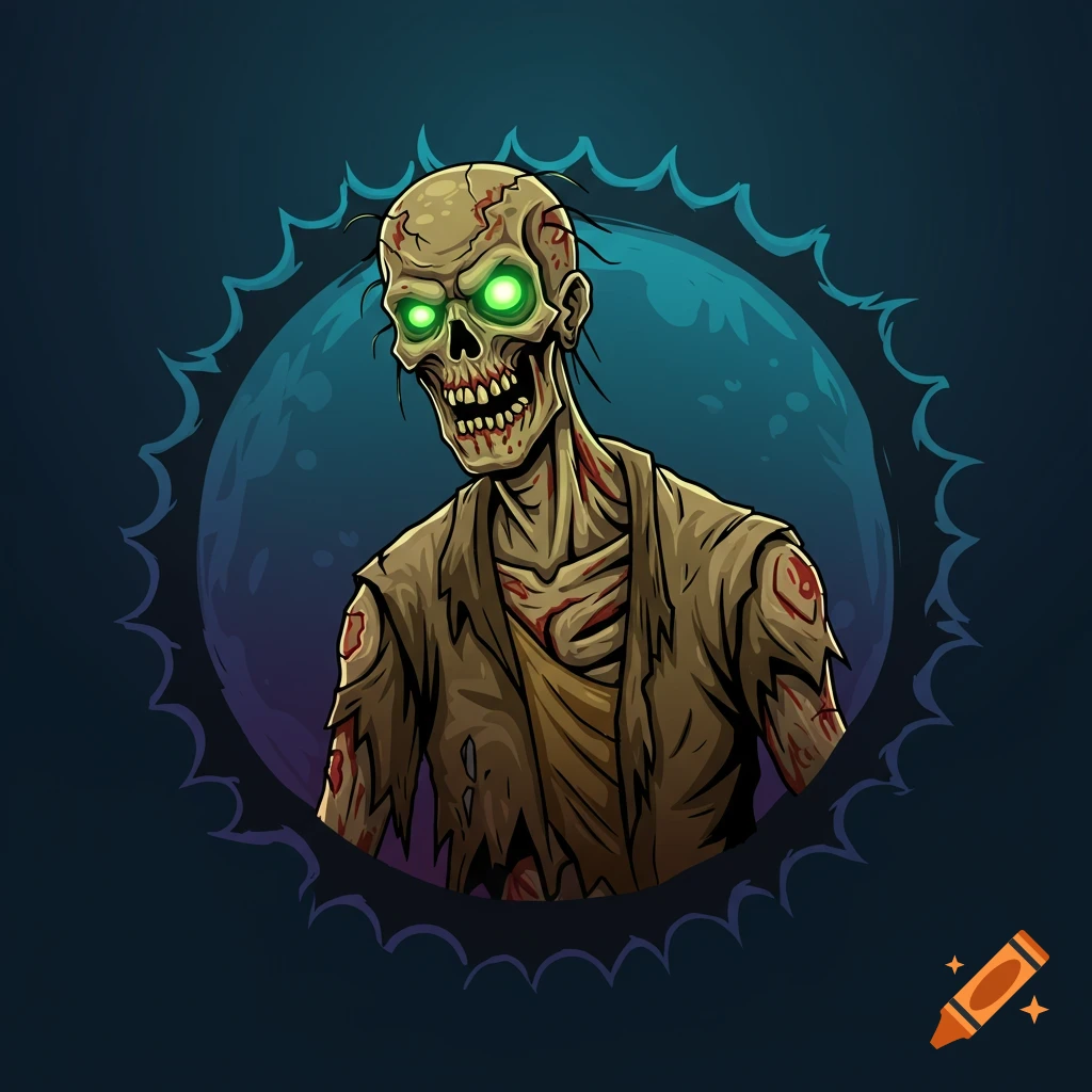 Cartoon illustration of a zombie with glowing green eyes, rotting skin, and torn clothes, set within a jagged circular frame.