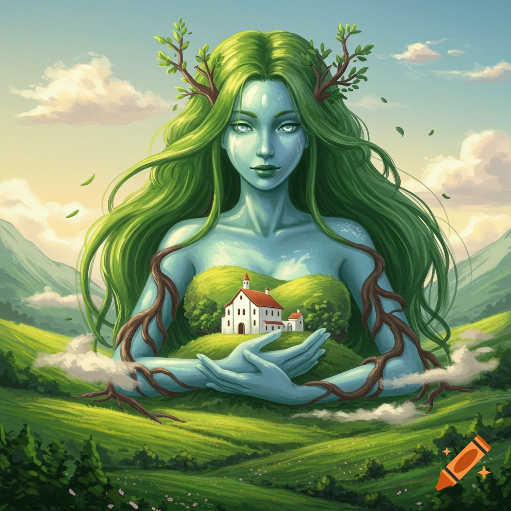 Stylized Mother Earth figure with green hair, blue skin, tree roots, holding a village in her hands amidst green hills.