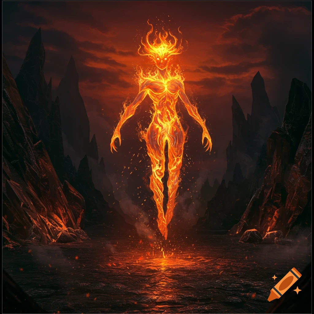 A glowing humanoid figure made of fire floats above molten water in a dark, volcanic landscape under an orange sky.
