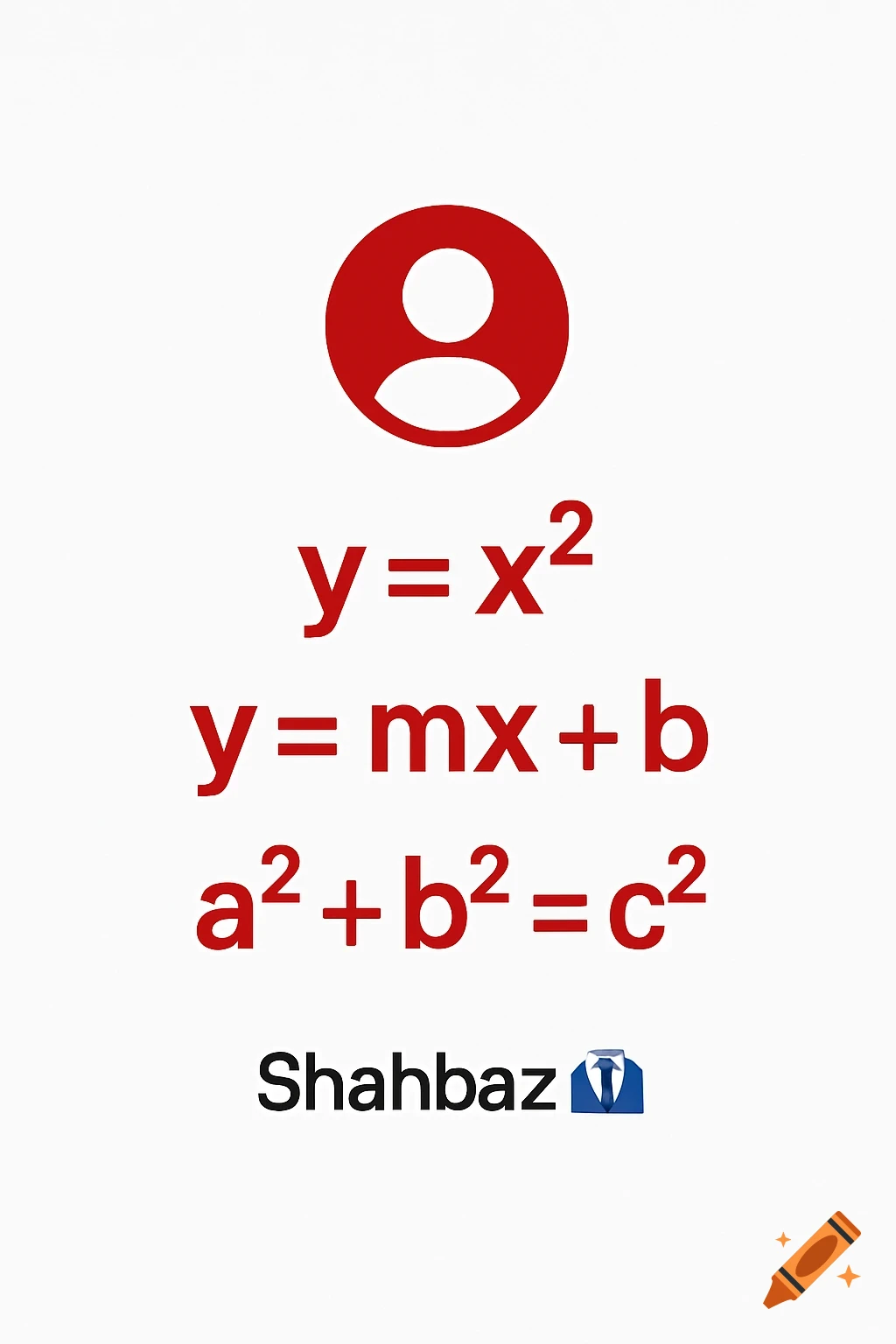 A red profile icon above three red mathematical equations and the name 'Shahbaz 👔' on a white background.