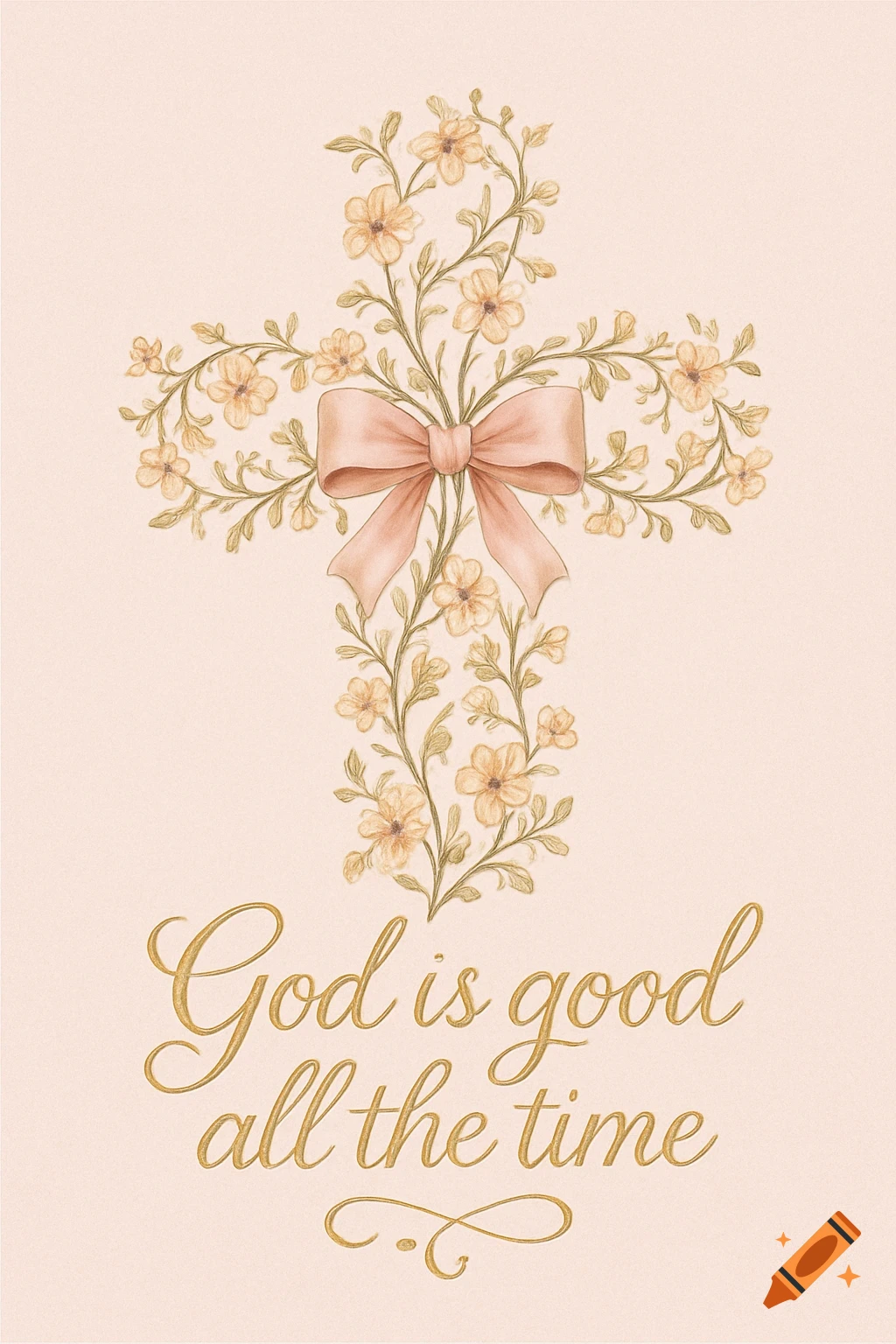 An illustrated cross made of delicate yellow flowers and green leaves, with a pink bow in the center, above the text "God is good all the time" on a cream background.