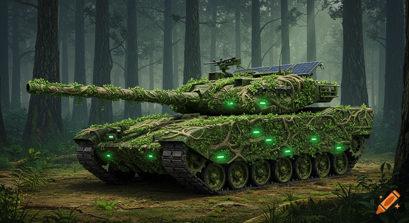 A futuristic military tank covered in green vines, leaves, and glowing green lights, with solar panels on top, sits in a dense forest.