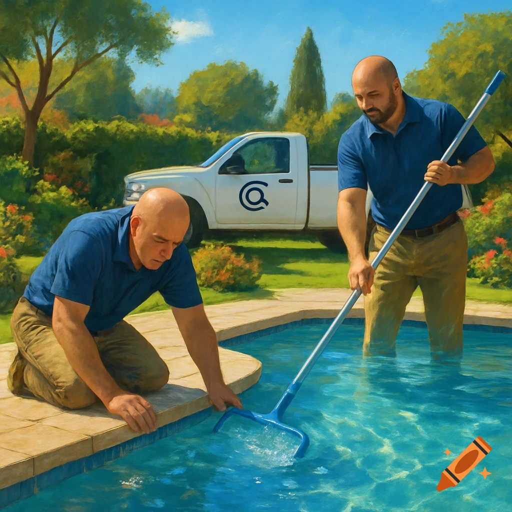 Two men, one bald, one with a beard, clean a swimming pool in a sunny backyard. A work truck with a logo is in the background.