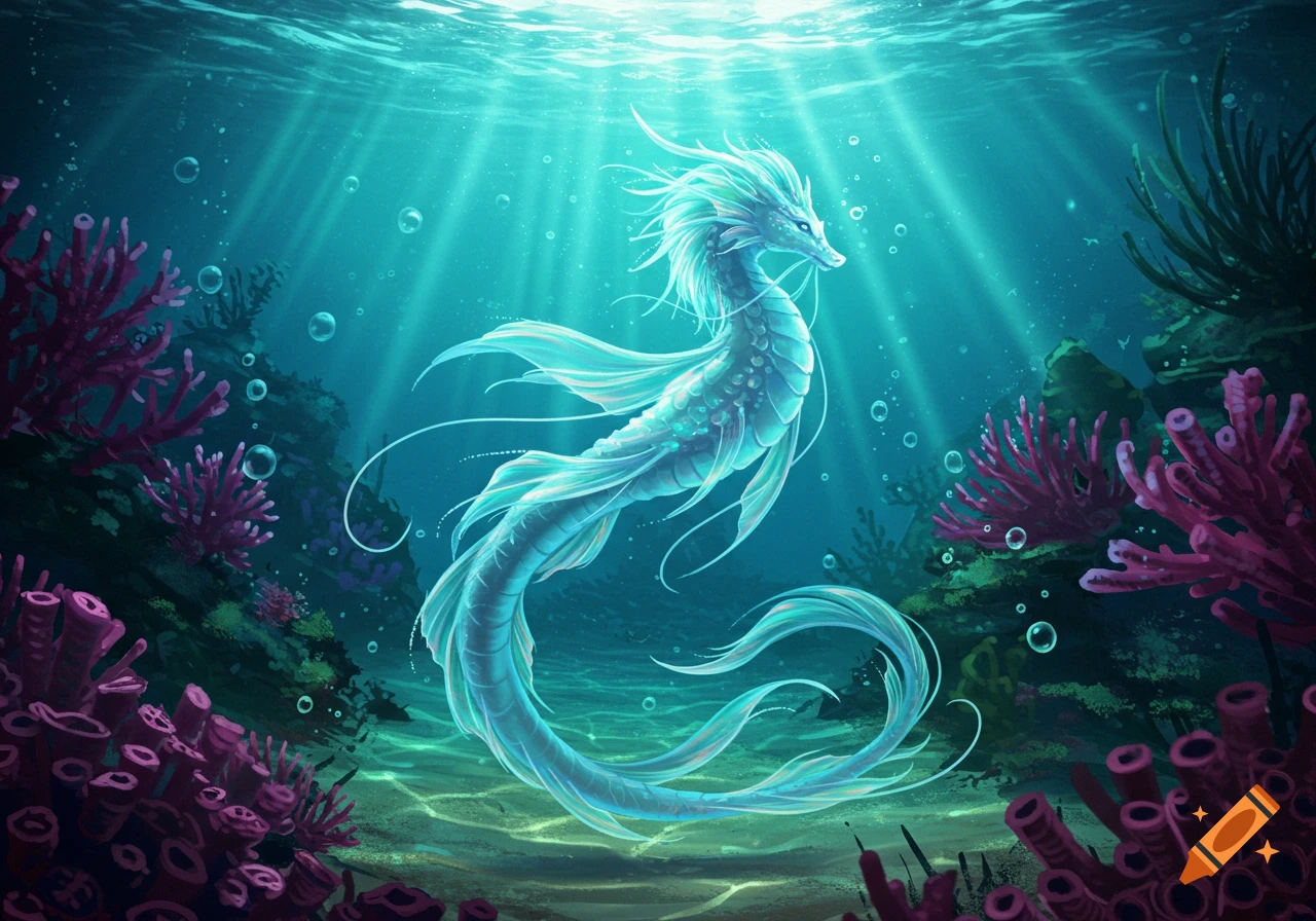 A glowing, iridescent seahorse-like dragon swims in a vibrant blue underwater scene with sunbeams and coral.