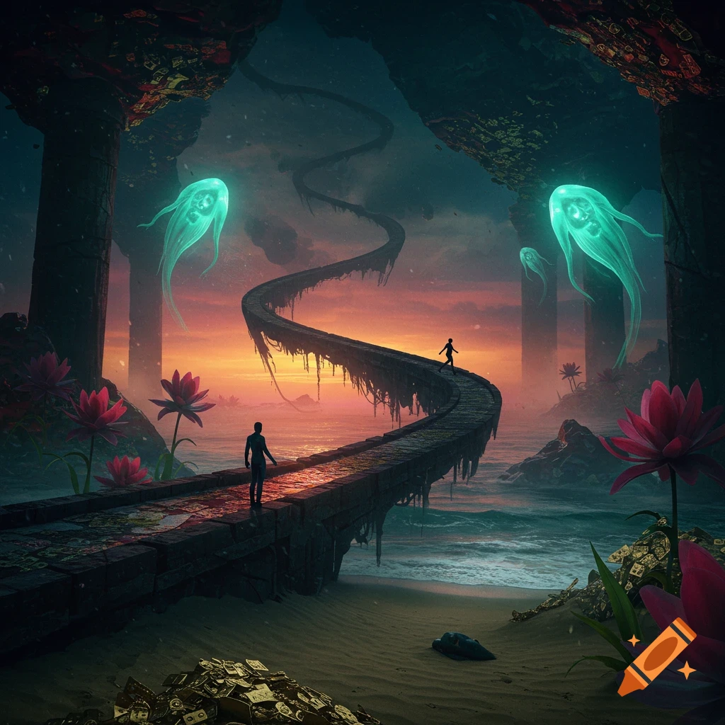 Two figures on a crumbling bridge over water, with glowing creatures, pink flowers, and a sunset in a surreal fantasy landscape.