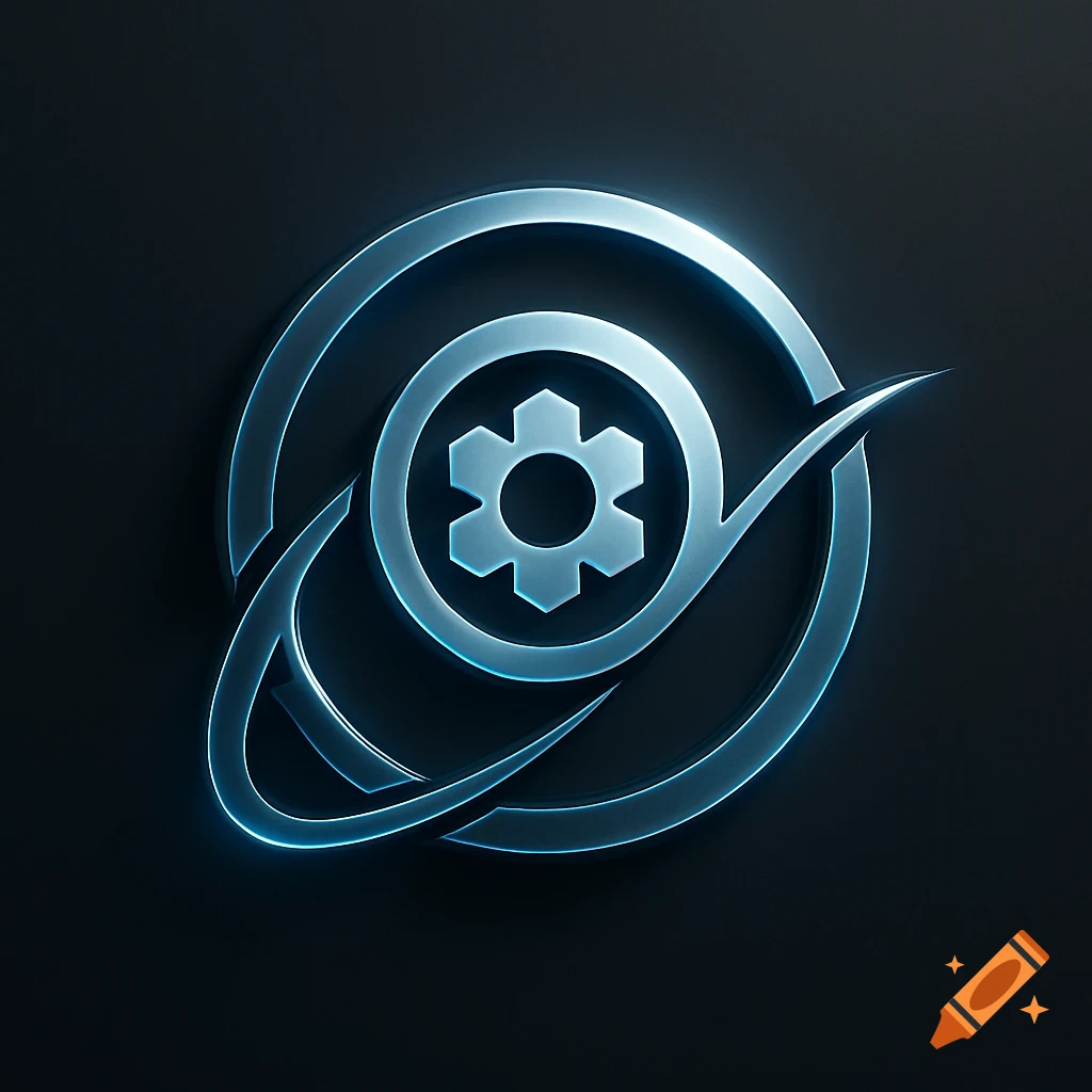 A stylized metallic blue logo featuring a gear inside concentric circles, with swooping orbital lines, against a dark background.