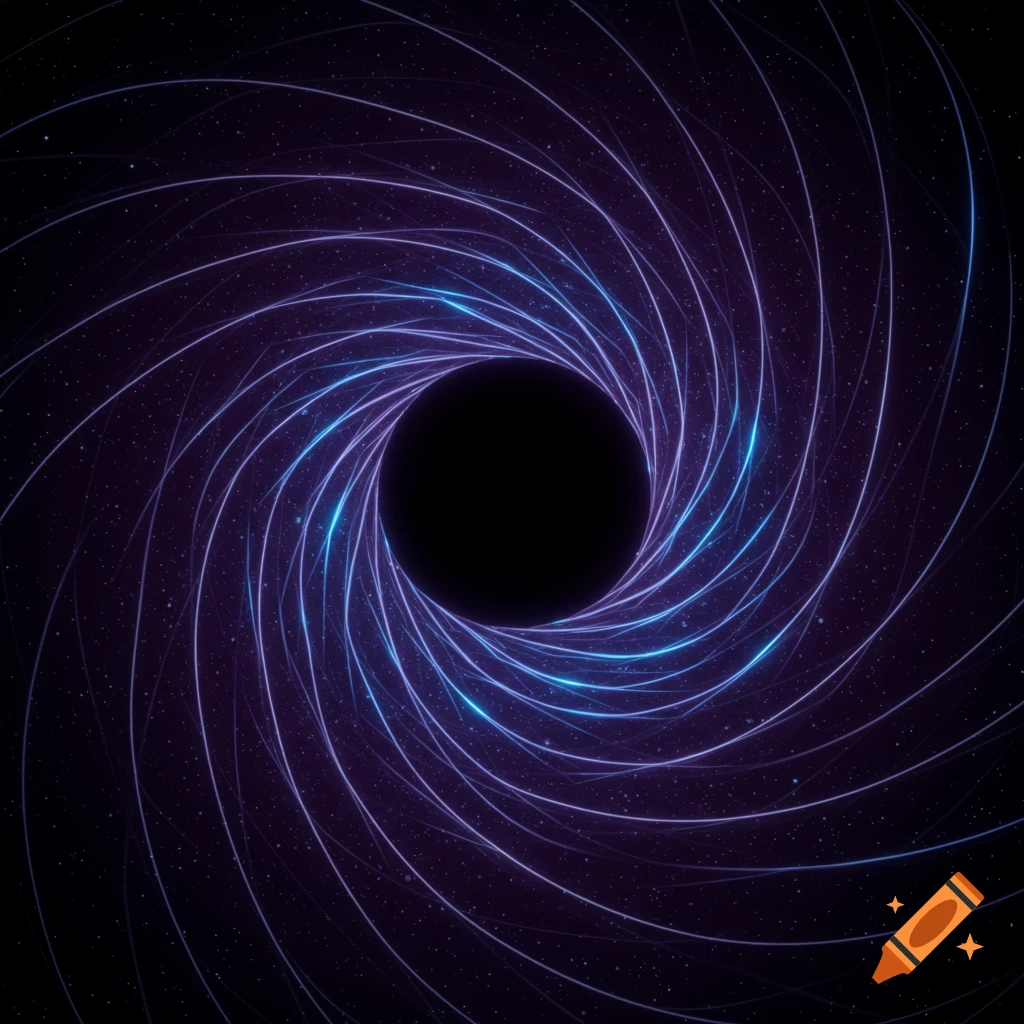 A central black circle surrounded by glowing purple and blue spiraling lines against a dark, star-filled background, representing a black hole.