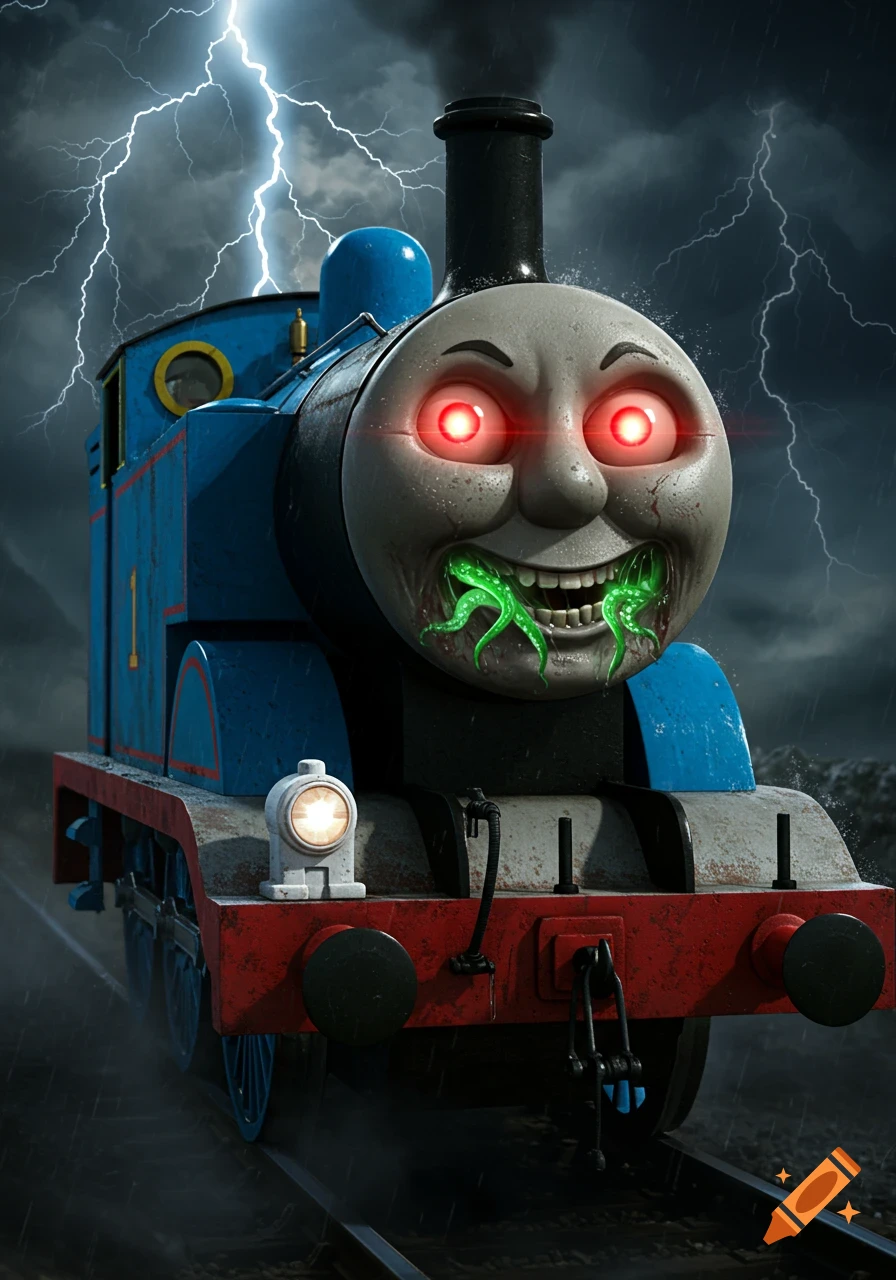 An evil Thomas the Tank Engine with glowing red eyes and green tentacles emerging from its mouth, set against a dark, stormy sky with lightning.