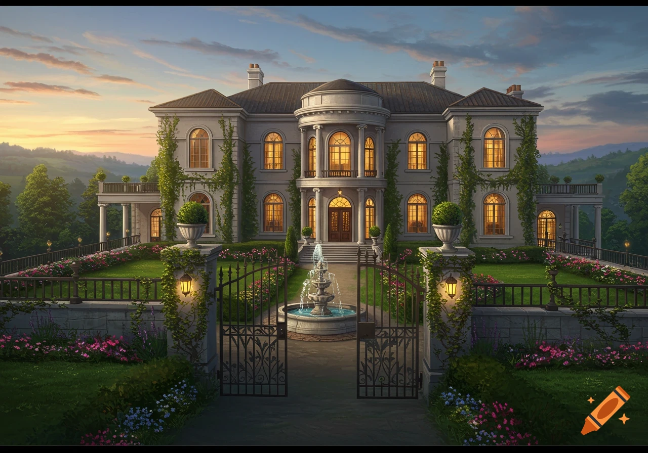 A grand classical mansion with a fountain and lush gardens at sunset.