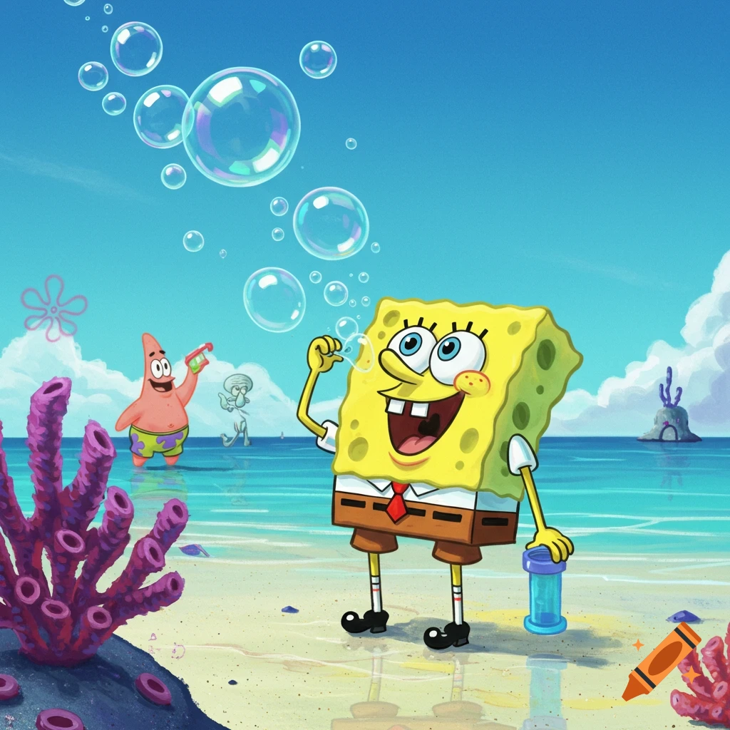 Spongebob Squarepants blows bubbles on a sunny beach with Patrick and Squidward in the background, in a cartoon style.
