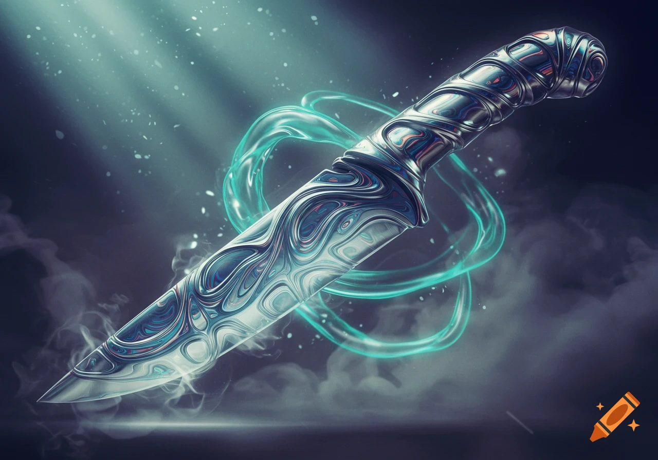 A detailed, stylized knife with abstract patterns and a glowing turquoise aura, set against a dark, misty background.