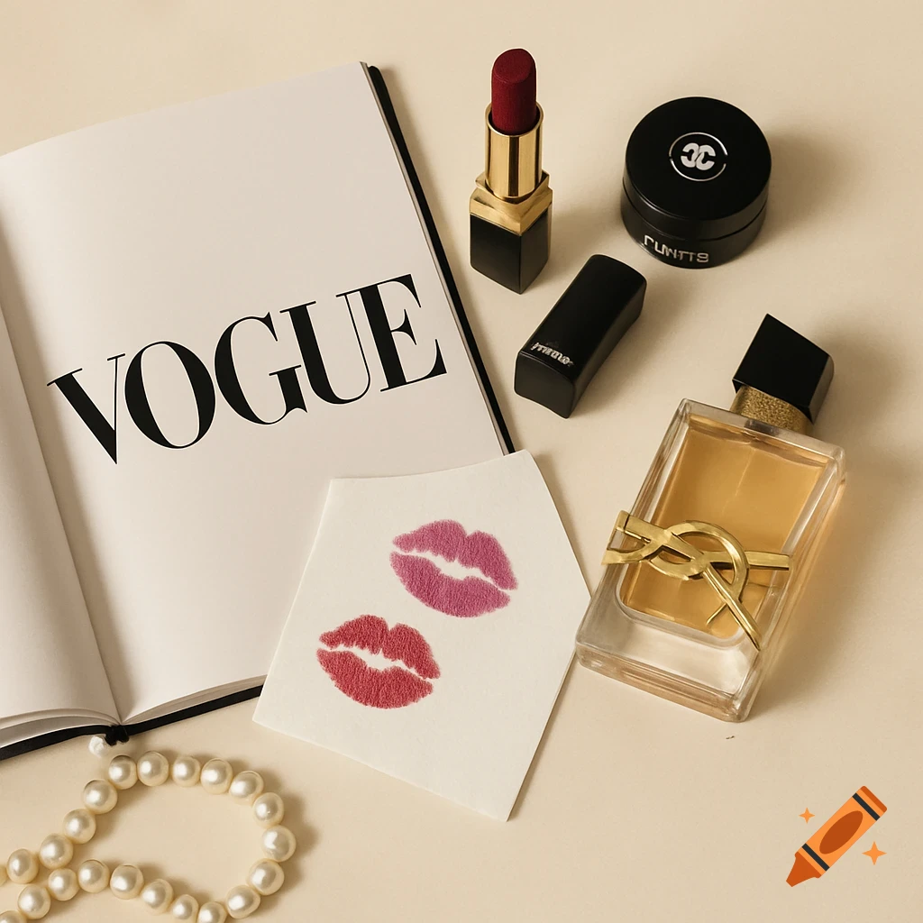 A flat lay of luxury fashion and beauty items: an open VOGUE magazine, lipstick, makeup, perfume, and a pearl necklace on a cream surface.