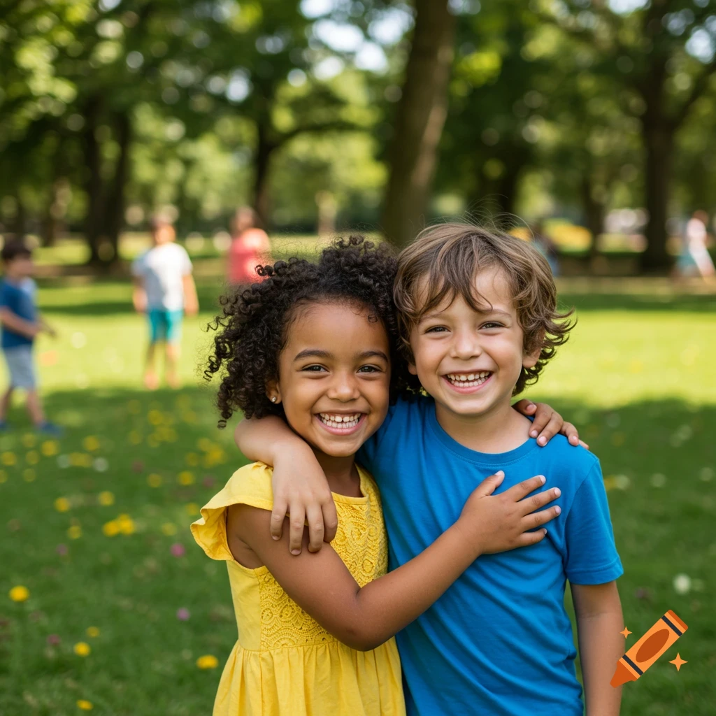 A happy boy and girl hug in a sunny park, with other children playing in the blurry background.