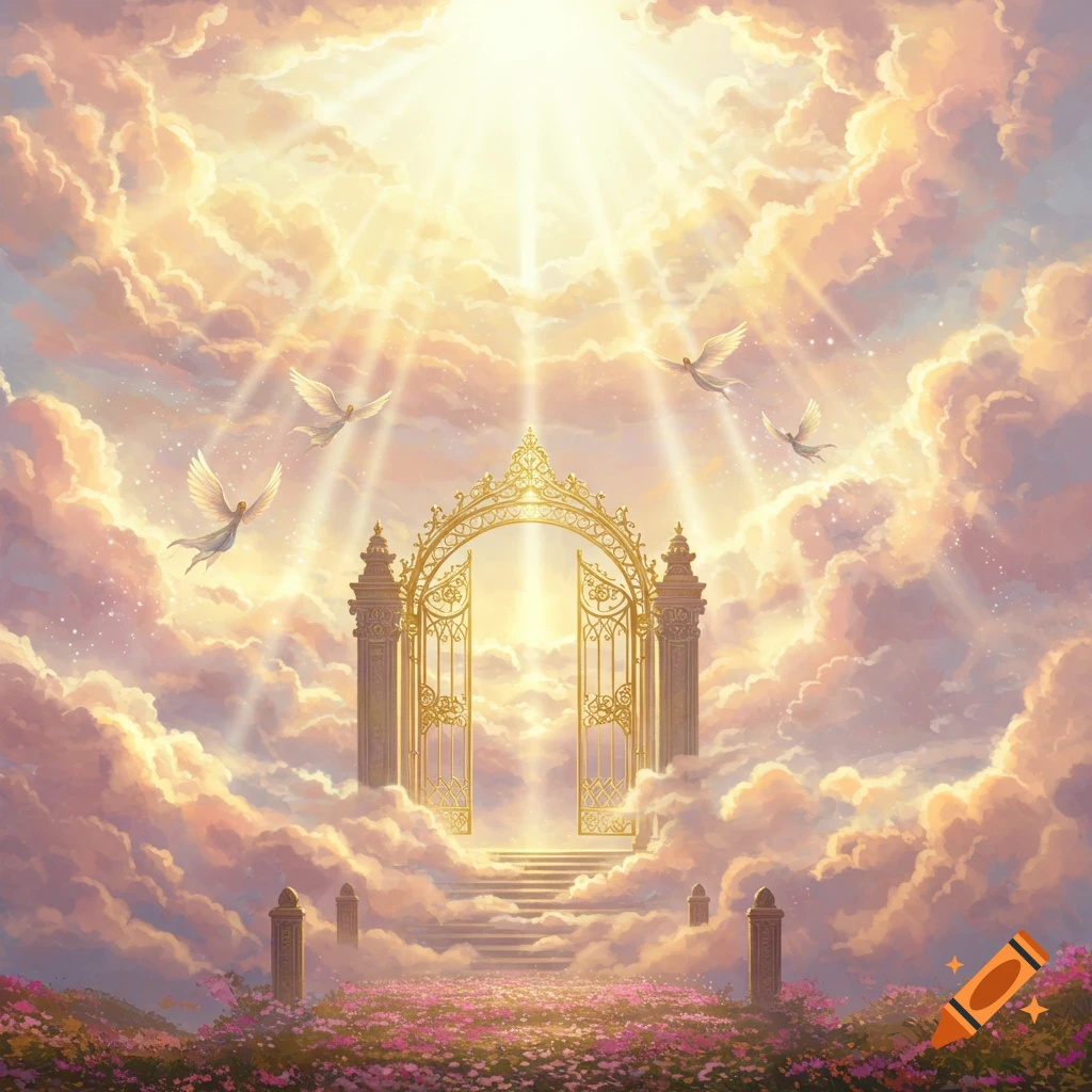 Golden gates of heaven open in bright sunlit clouds with ethereal angels flying and flowers below.