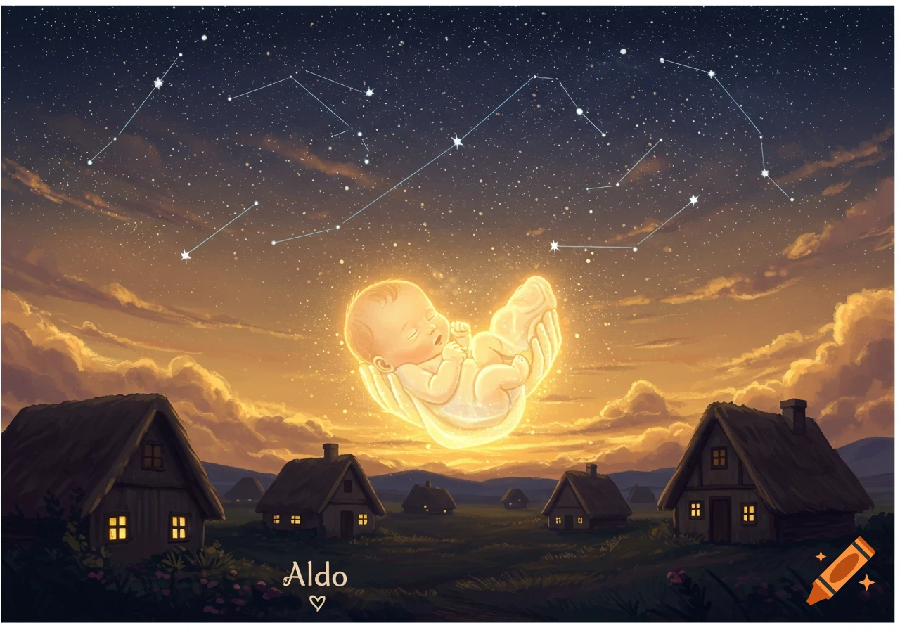 A luminous baby in glowing hands under a starry night sky with constellations and a serene village, in a dreamy illustration style.