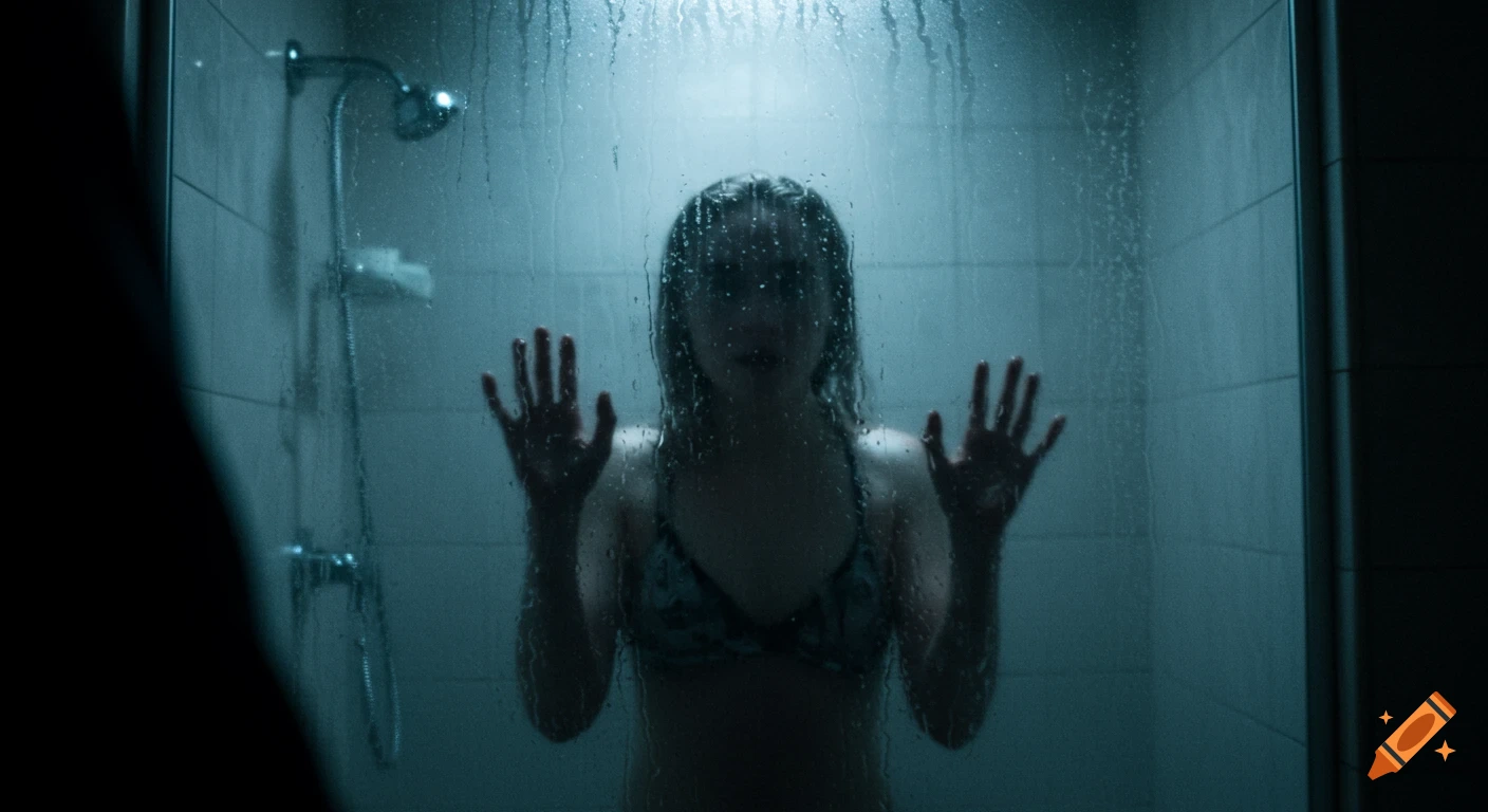 Blurred figure behind steamy shower glass, hands pressed on the pane, in a dark, ominous bathroom. Photorealistic.