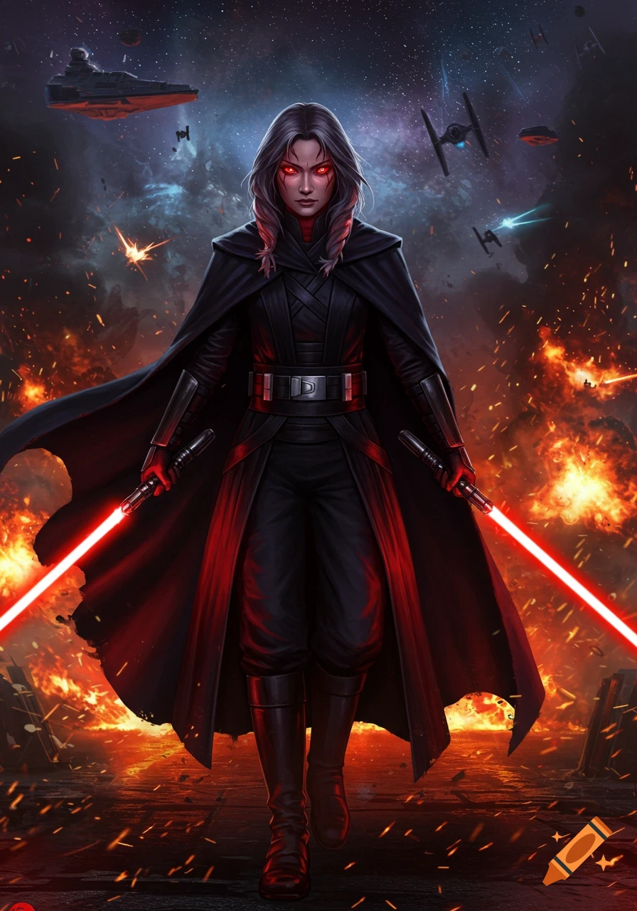 A female Sith Lord with glowing red eyes and long dark hair, stands with two red lightsabers amidst a fiery battlefield with spaceships in the sky.