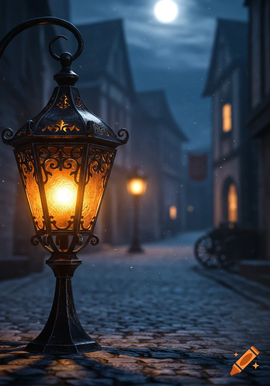 A close-up of an ornate street lantern glowing on a cobblestone street at night, with old buildings and a full moon in the background.