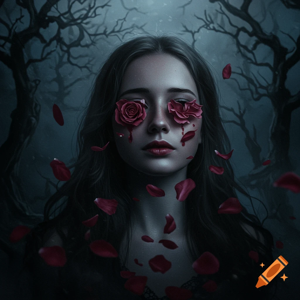 A stylized portrait of a woman with dark red roses covering her eyes, from which dark liquid drips, surrounded by falling petals in a moody, dark forest.