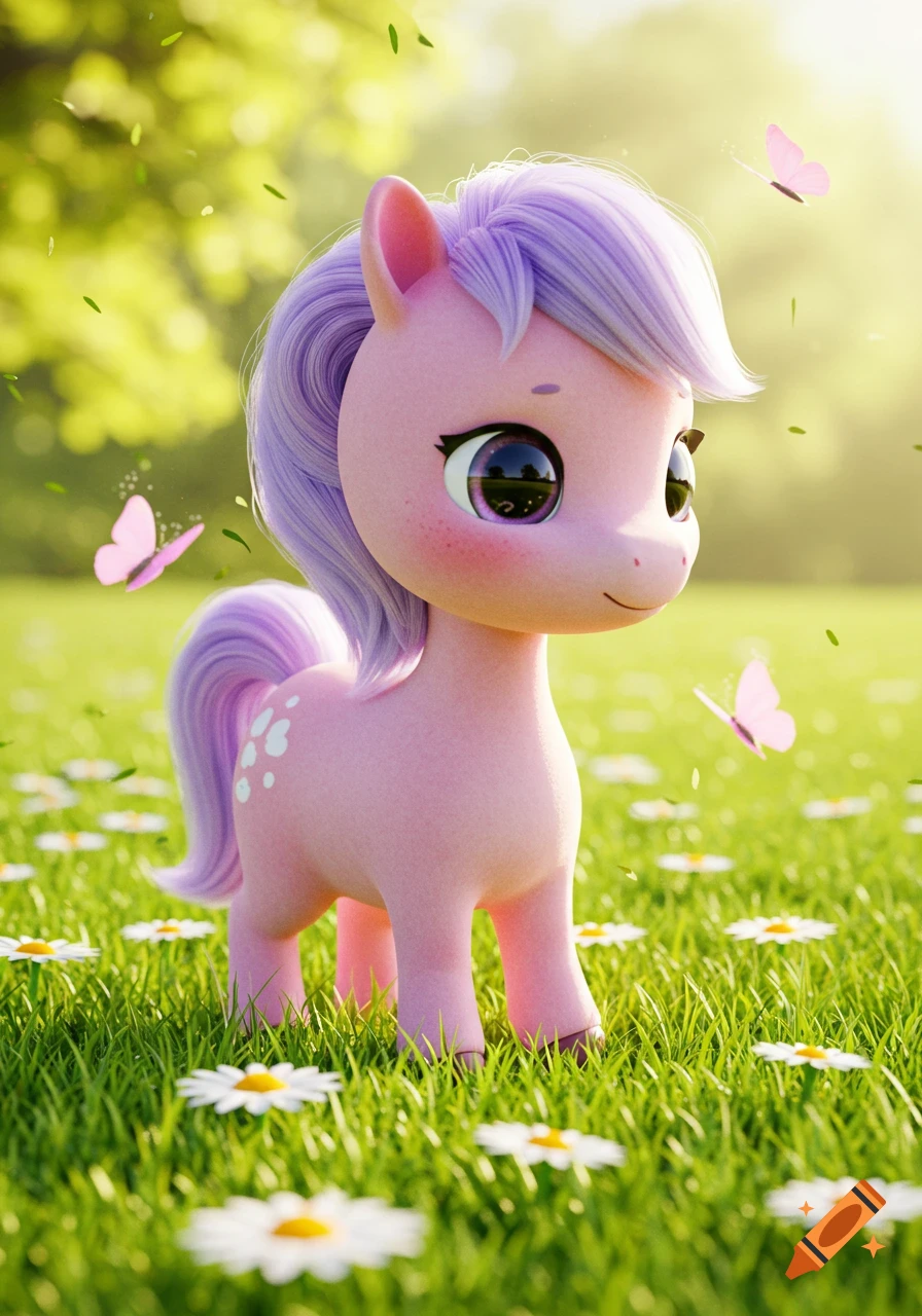 A cute pink cartoon pony with purple hair stands in a sunny field of white daisies with pink butterflies.