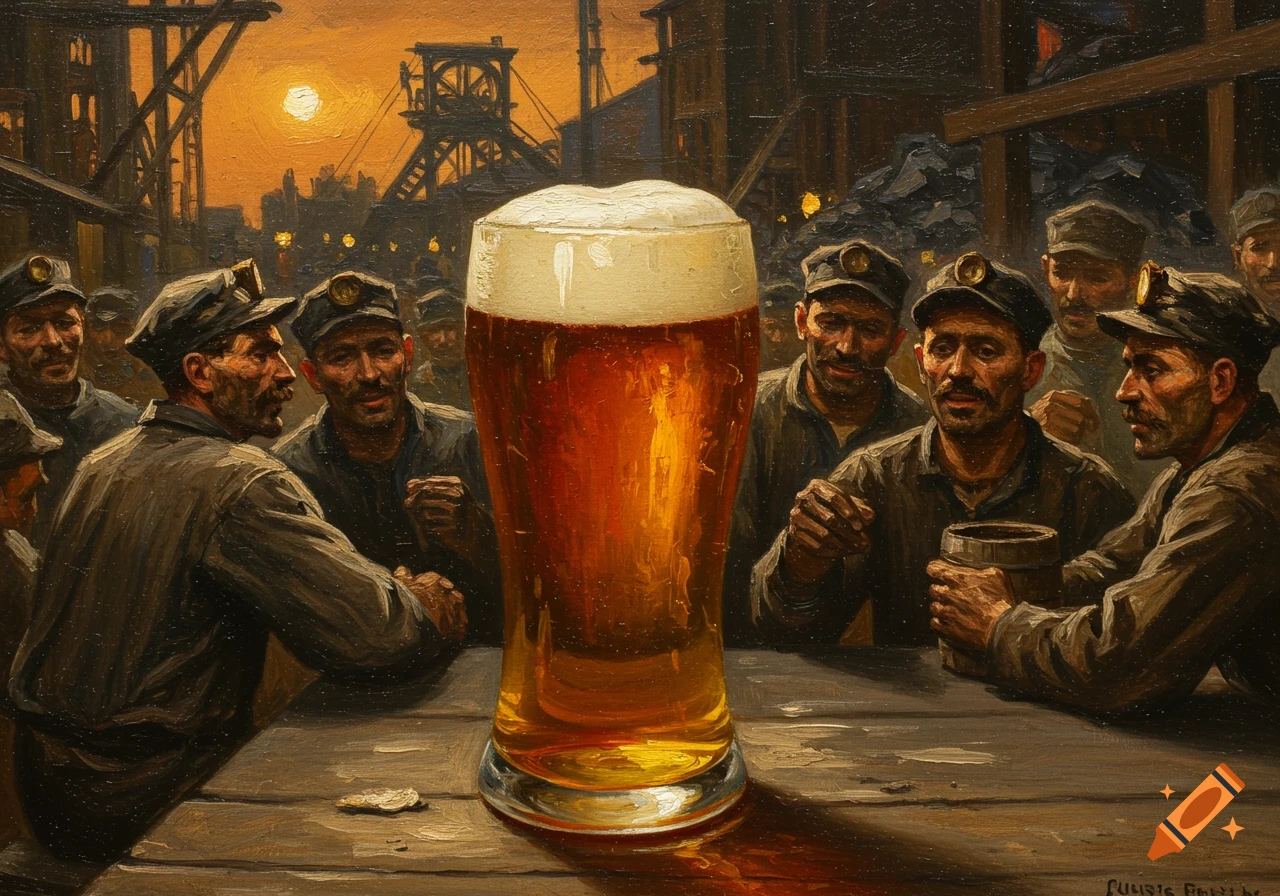Oil painting of miners gathered around a table with a prominent glass of beer, industrial mine setting at sunset.