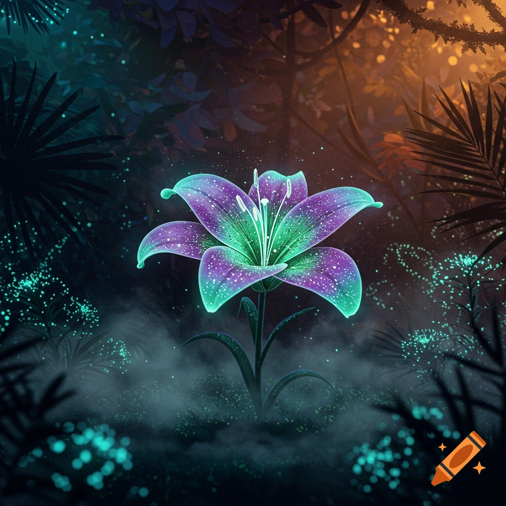 A vibrant, glowing lily in shades of purple and green stands tall in a mystical, dark forest with sparkling, ethereal light effects.