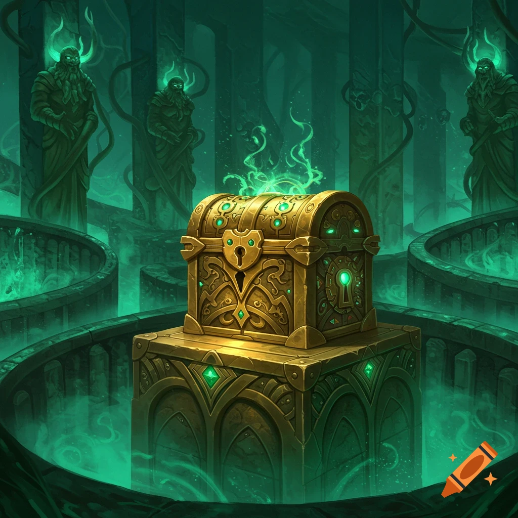 A glowing golden ornate chest on a pedestal in a dark green-lit fantasy labyrinth with statues.