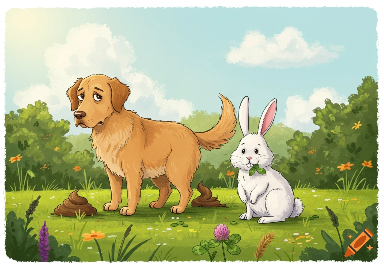 Cartoon golden retriever looking sad next to two piles of poop, while a happy white bunny eats clover in a grassy field under a sunny sky.