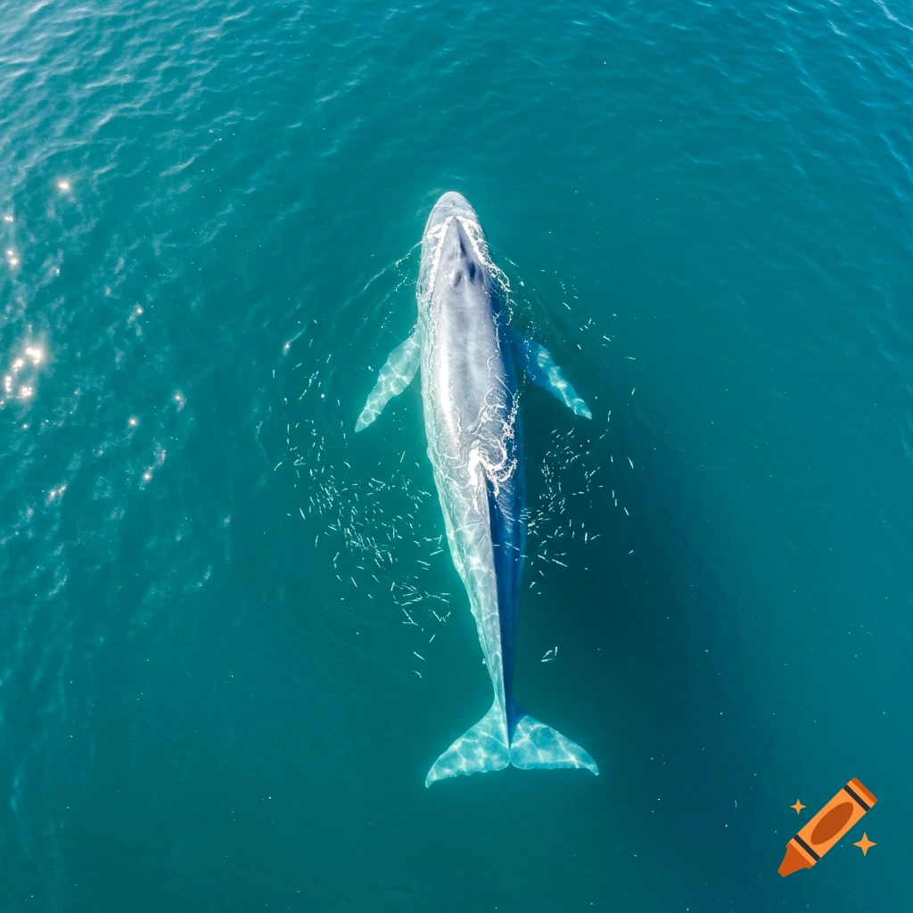 Aerial view of a large whale swimming in deep blue ocean water, sunlight glistening on the surface.