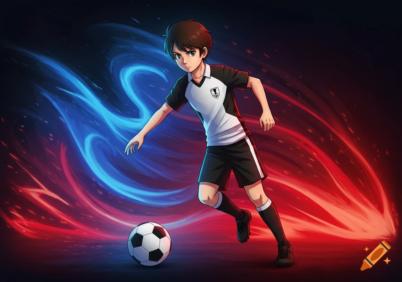 Anime boy playing football, dribbling a soccer ball against a background of swirling red and blue light.