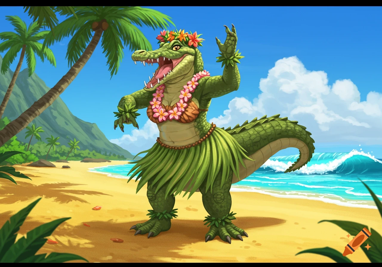 A cartoon crocodile hula dancer on a sandy tropical beach with palm trees and an ocean wave.