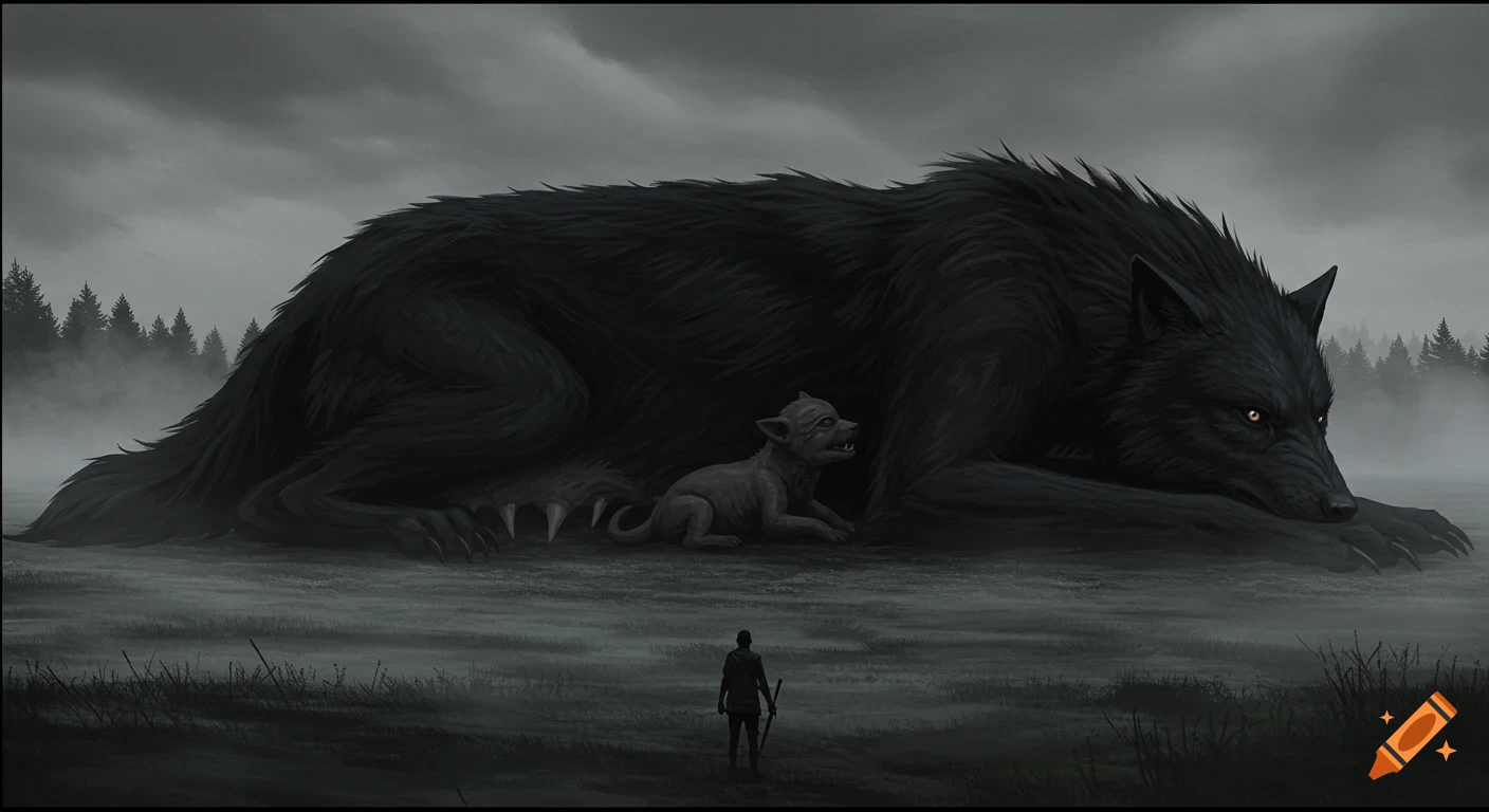 A gigantic black wolf-like beast lies in a misty, dark landscape with a small cub, observed by a lone human.