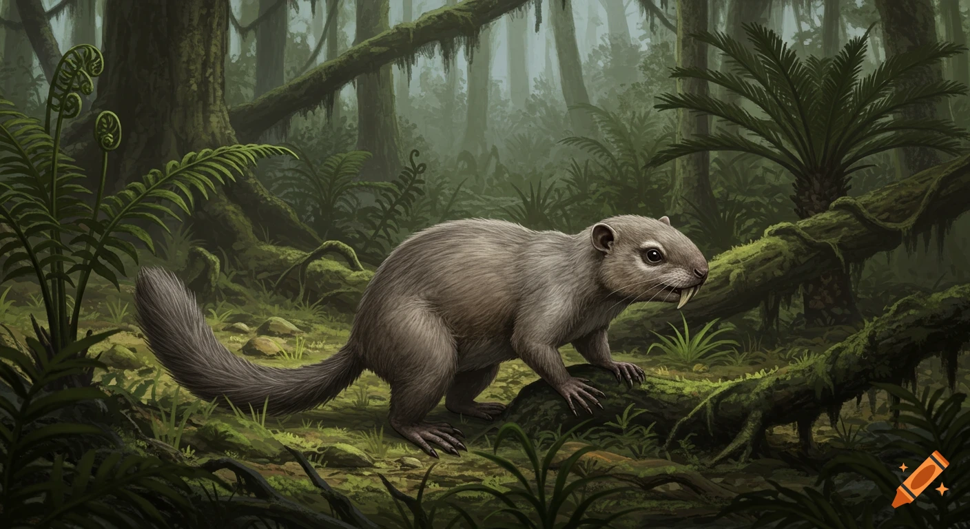 A small, furry prehistoric mammal with large incisors stands on mossy ground in a dense, green primeval forest.