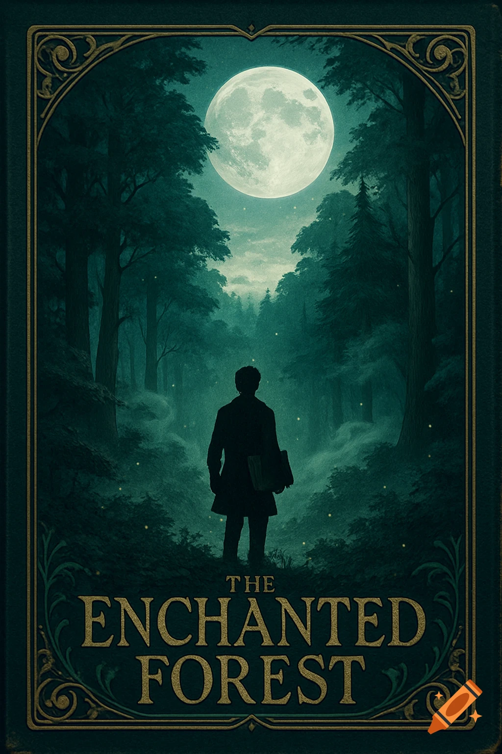 A person's silhouette stands in a misty enchanted forest under a full moon, framed as a book cover titled 'The Enchanted Forest'.