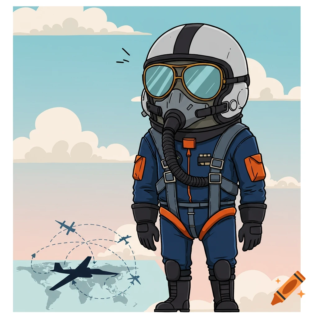 Cartoon drawing of a pilot in a flight suit and helmet, standing in the sky with clouds and a world map with airplanes.