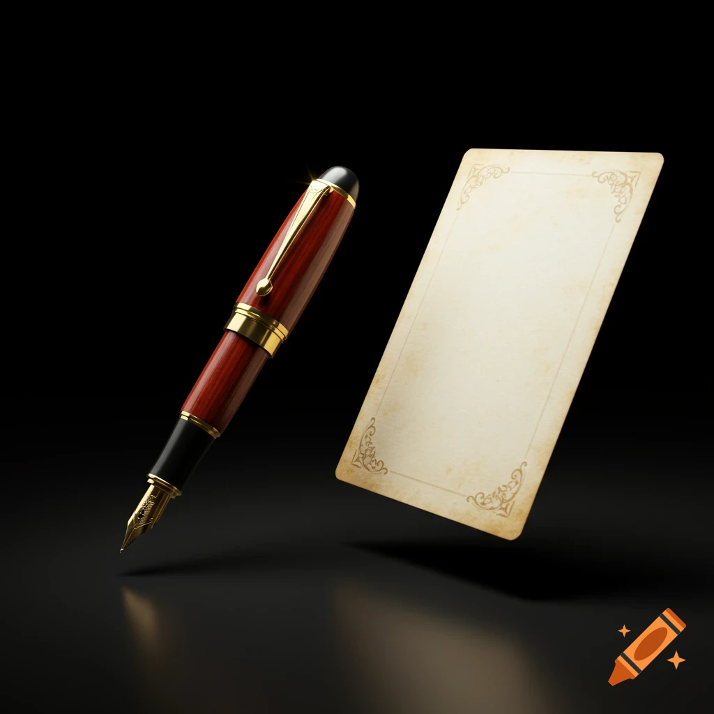 A photorealistic image of a brown and gold fountain pen next to an ornate blank paper card, isolated on a dark background.