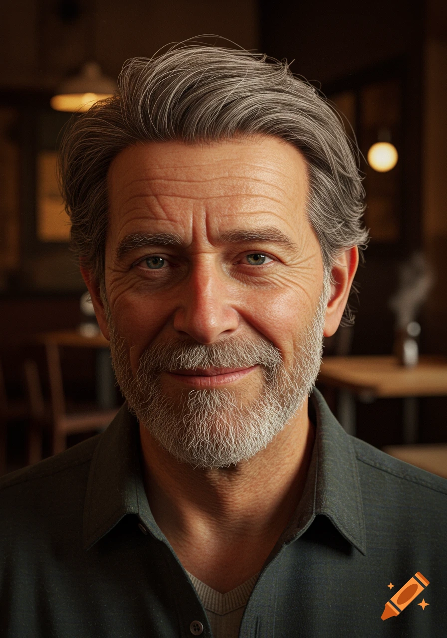 Close-up photorealistic portrait of a smiling middle-aged man with gray hair and beard.