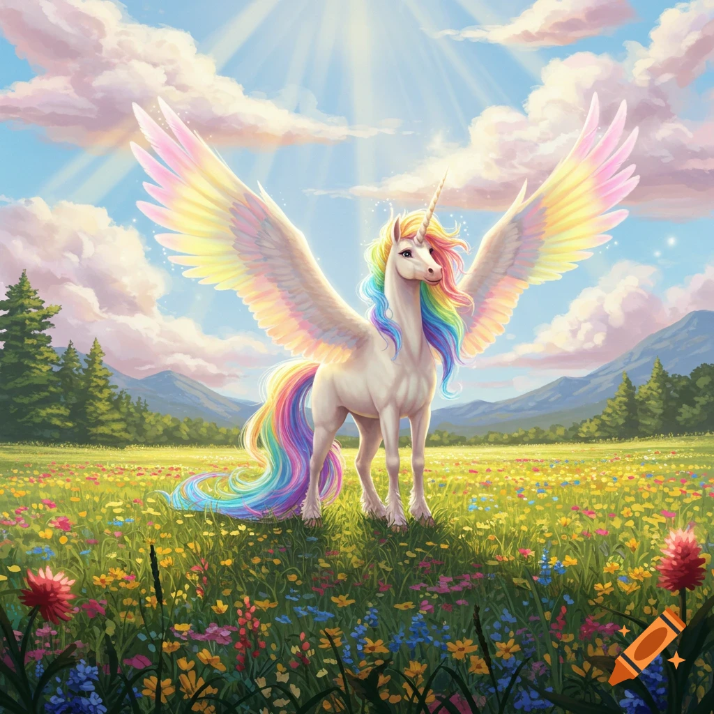 A majestic white alicorn with a flowing rainbow mane, tail, and wings stands in a vibrant field of wildflowers under a sunny sky.