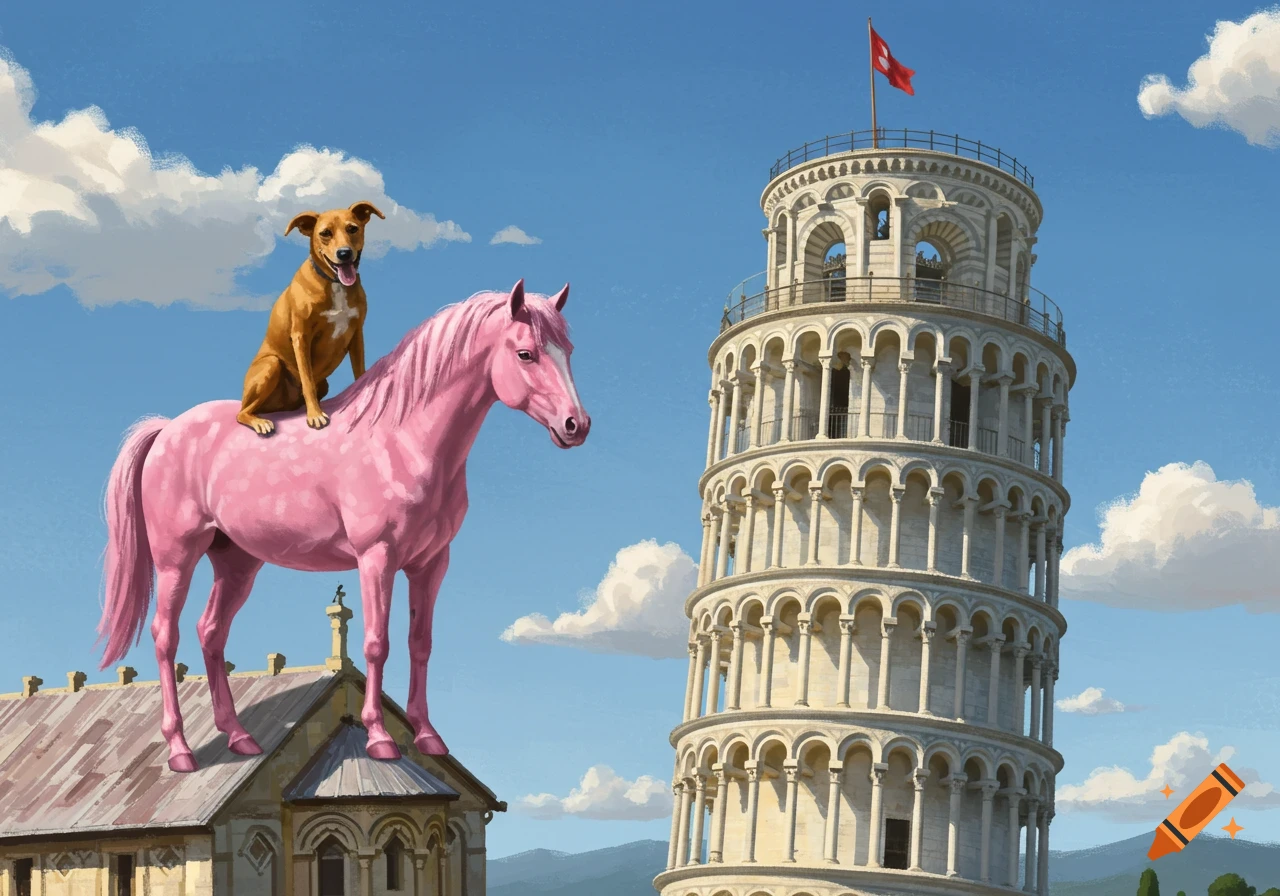 A brown dog rides a pink horse standing on a white building's roof, next to the iconic Leaning Tower of Pisa under a blue sky.